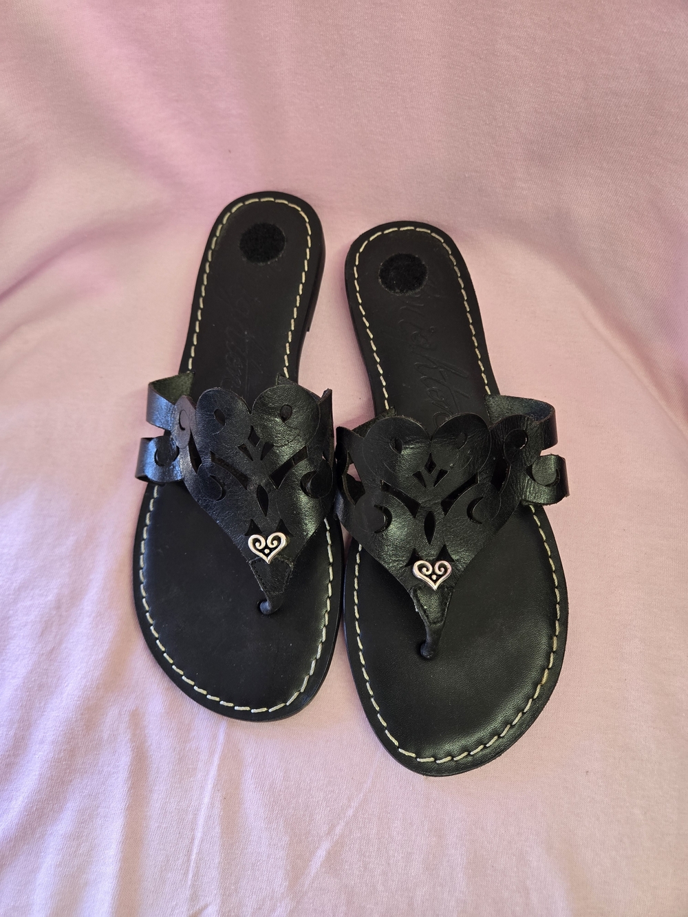 Brighton Black Laser-Cut Leather Thong Sandals